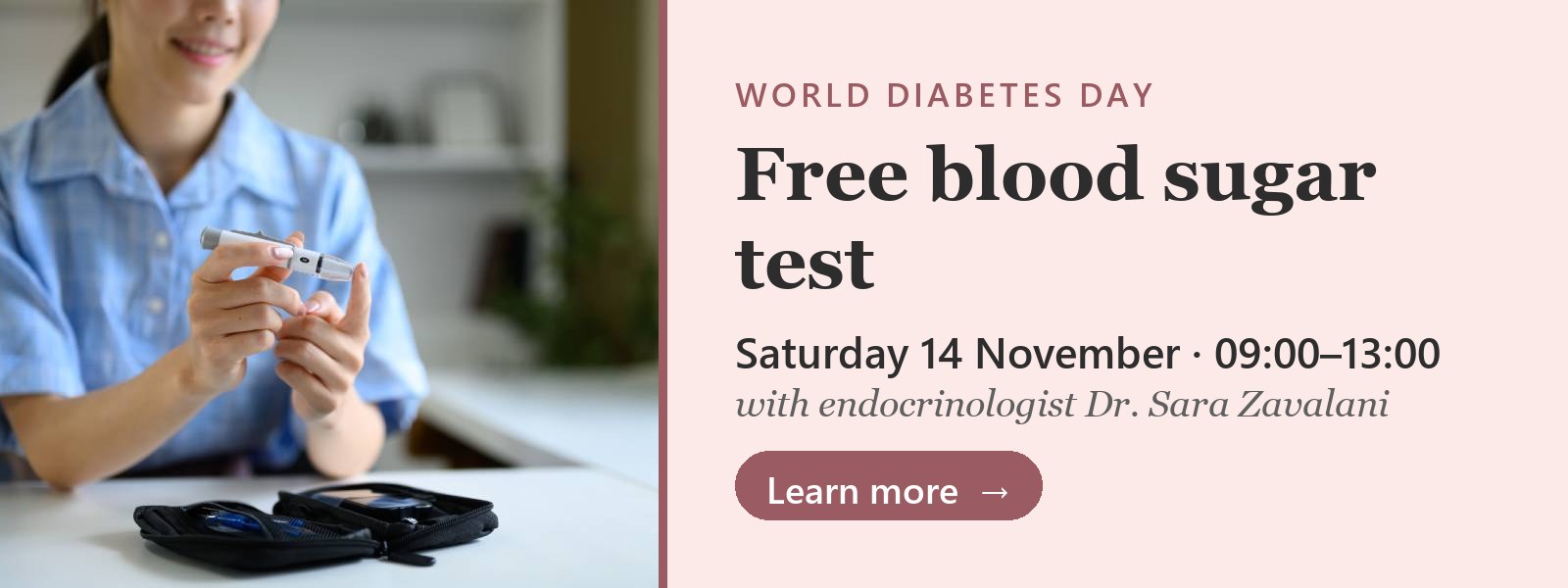 World Diabetes Day: free blood sugar test at Aura Medical Clinic, Saturday 14 November, 09:00–13:00, with endocrinologist Dr. Sara Zavalani
