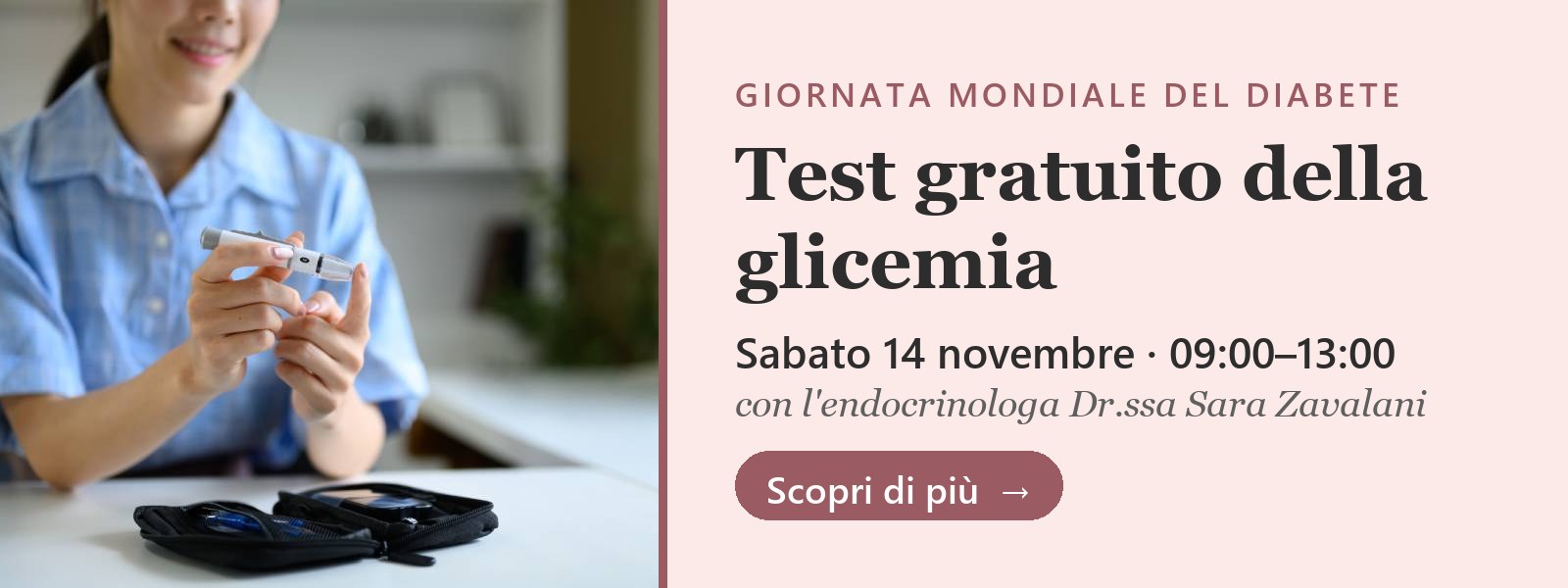 Giornata mondiale del diabete: test gratuito della glicemia da Aura Medical Clinic, sabato 14 novembre, 09:00–13:00, con l'endocrinologa Dr.ssa Sara Zavalani